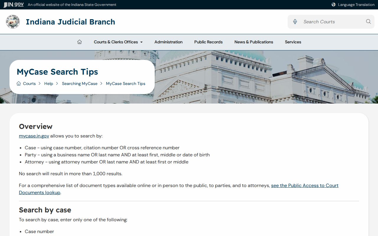 Indiana MyCase search tips for Brown County warrant checks